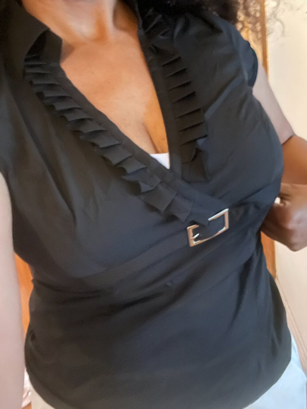 VTG Express Design Studio Dress Top, Black Size M - Ruffle Neck / Silver Buckle